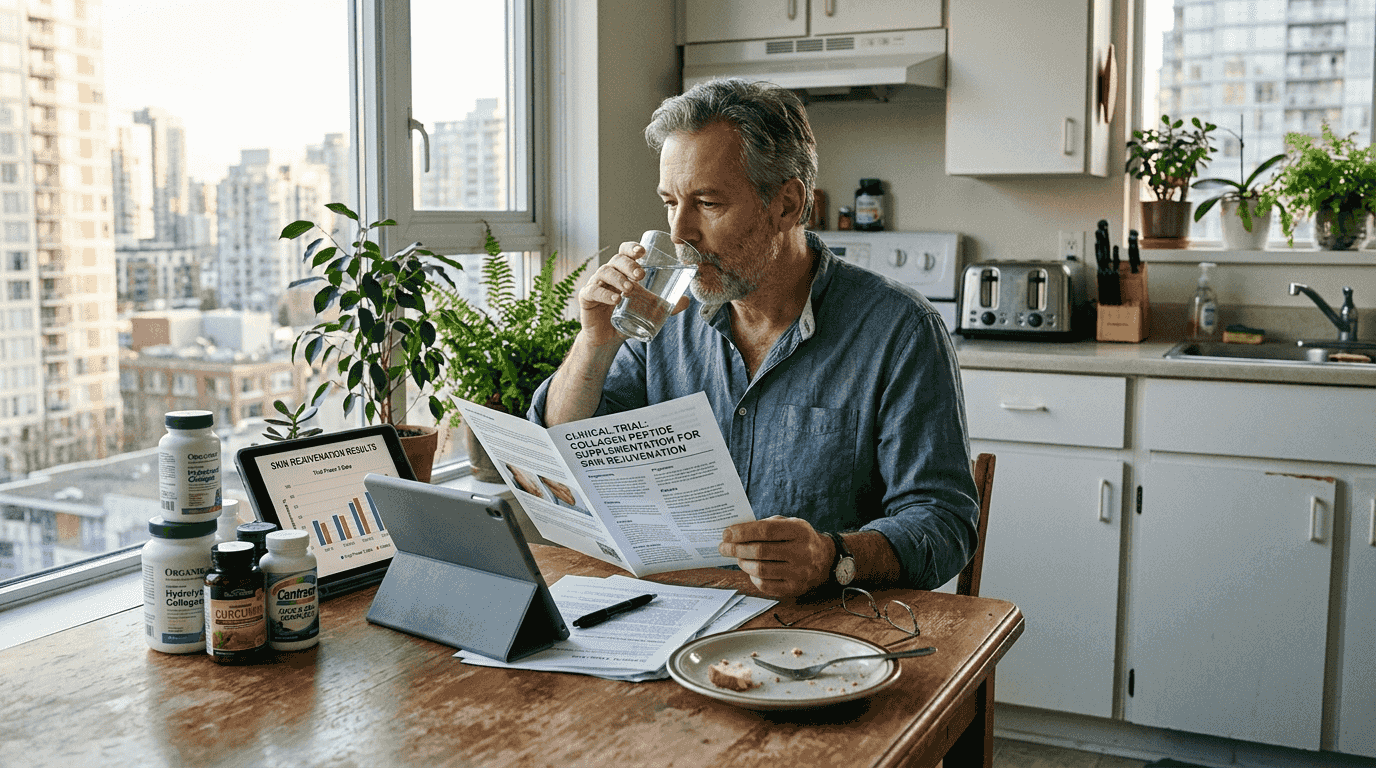 Man reading collagen peptide study at home