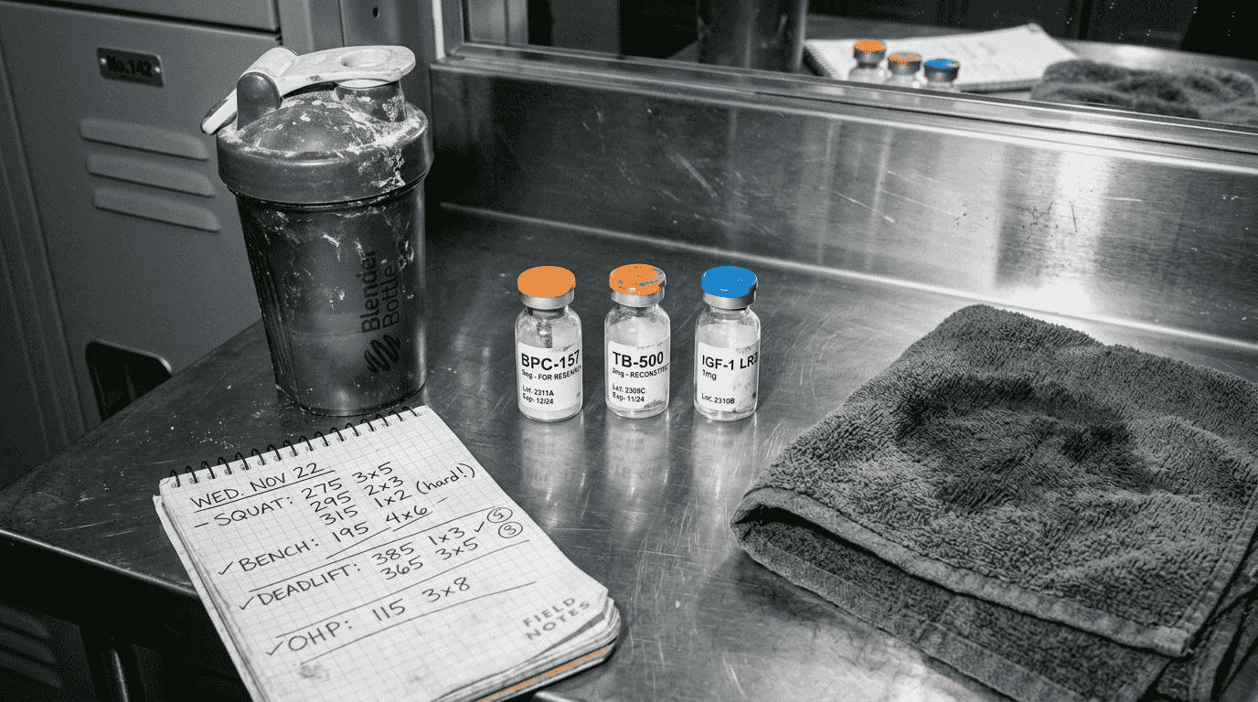 Peptide vials and gym gear on locker counter