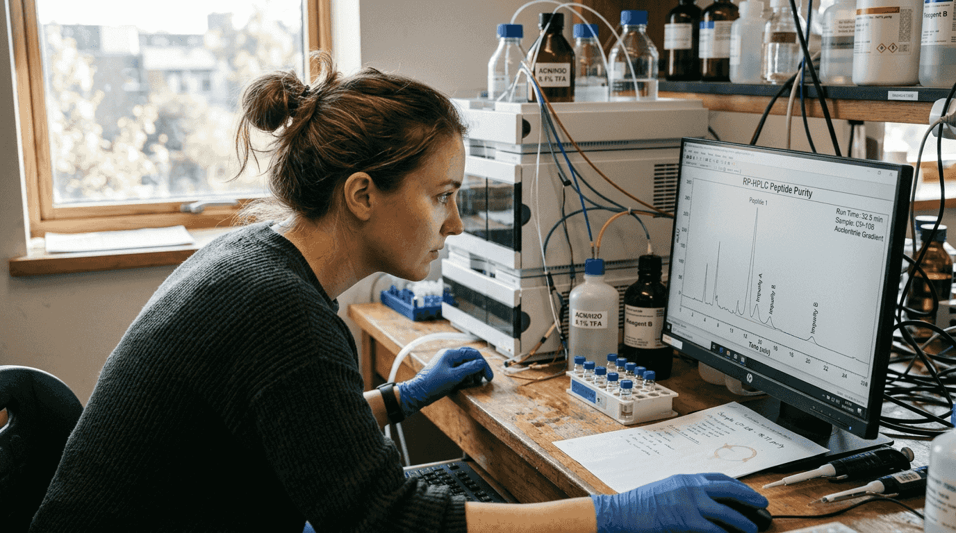 Chemist reviewing HPLC peptide purity results