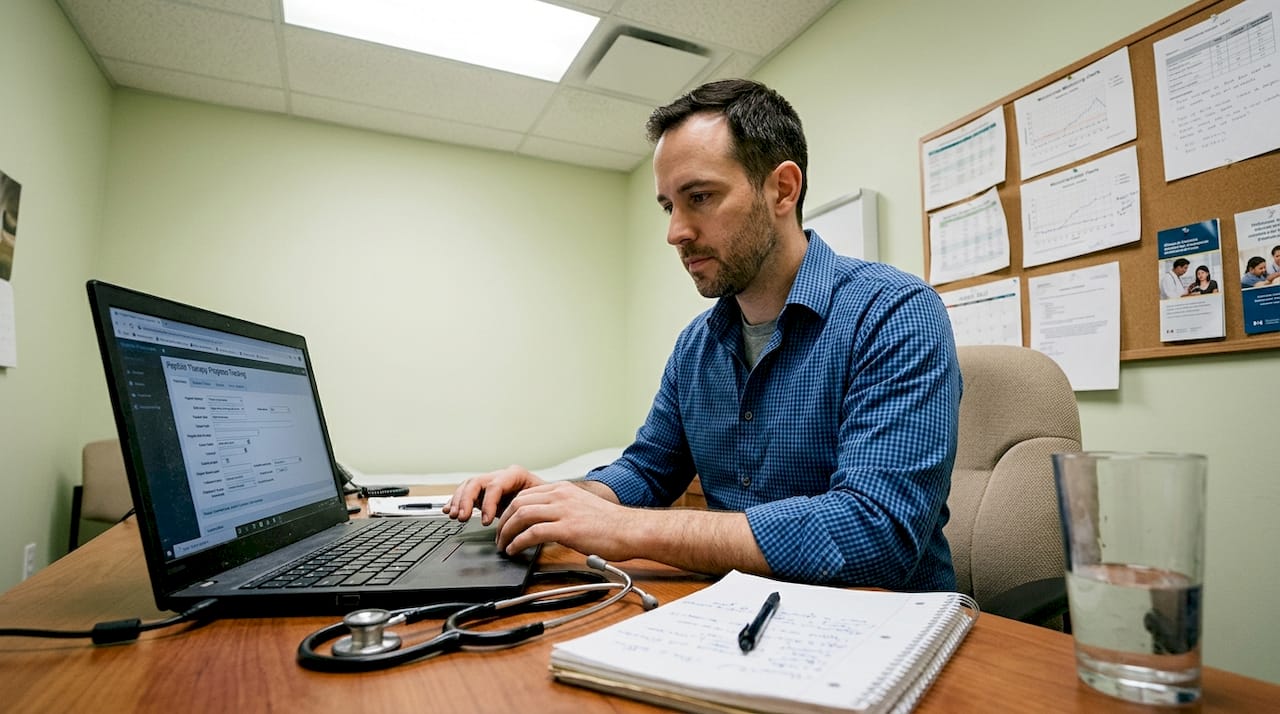 Clinician tracking peptide protocol at medical desk