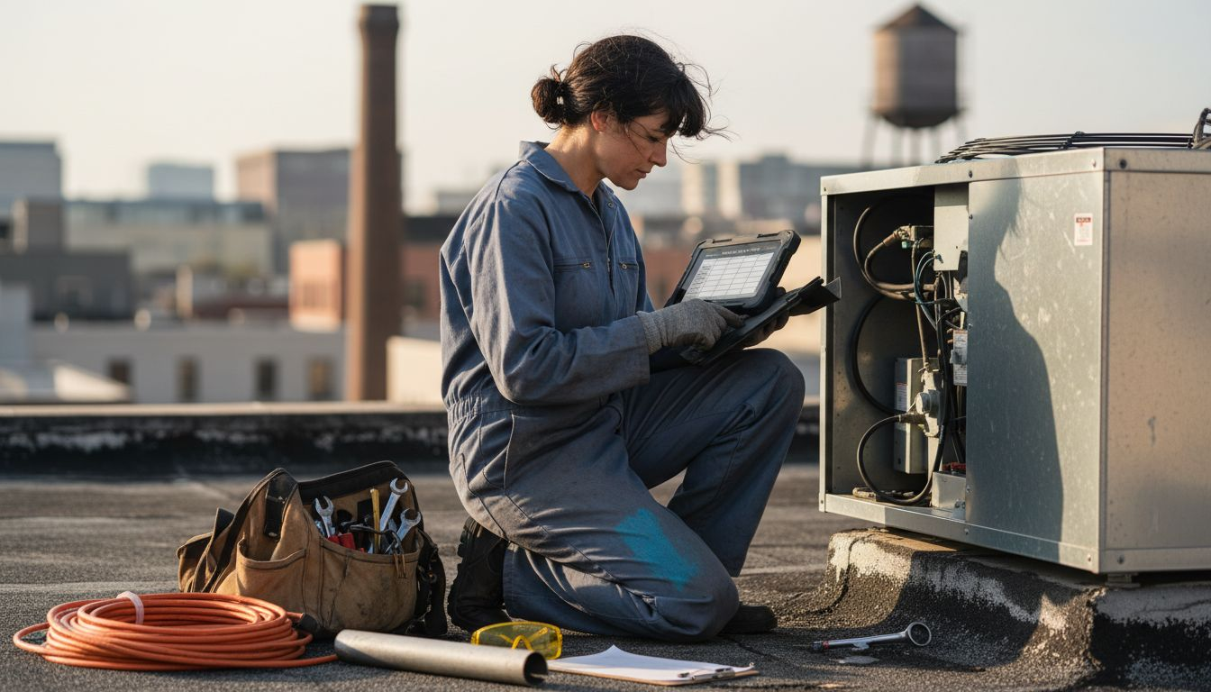 Technician inspecting rooftop HVAC equipment