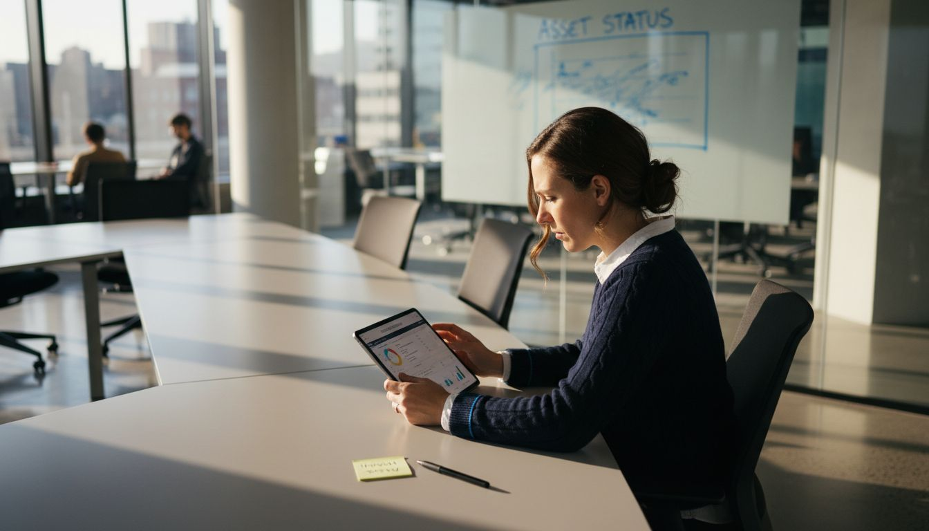 Facility manager analyzes asset dashboard tablet