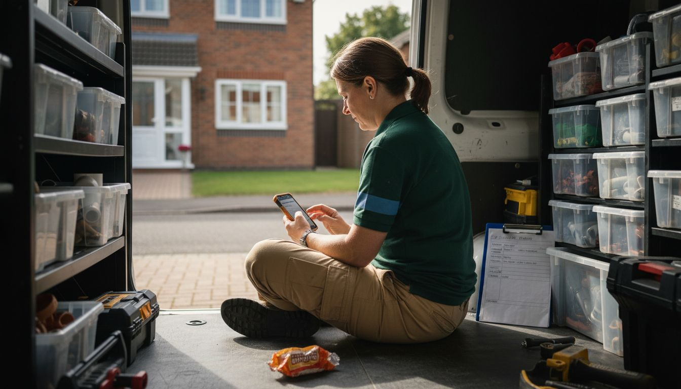 Fontanero actualizando la furgoneta de órdenes de trabajo digitales