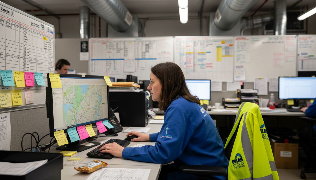 Dispatcher updating assets on monitor in busy office