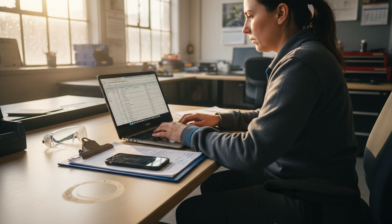 Woman updating asset inventory in maintenance office