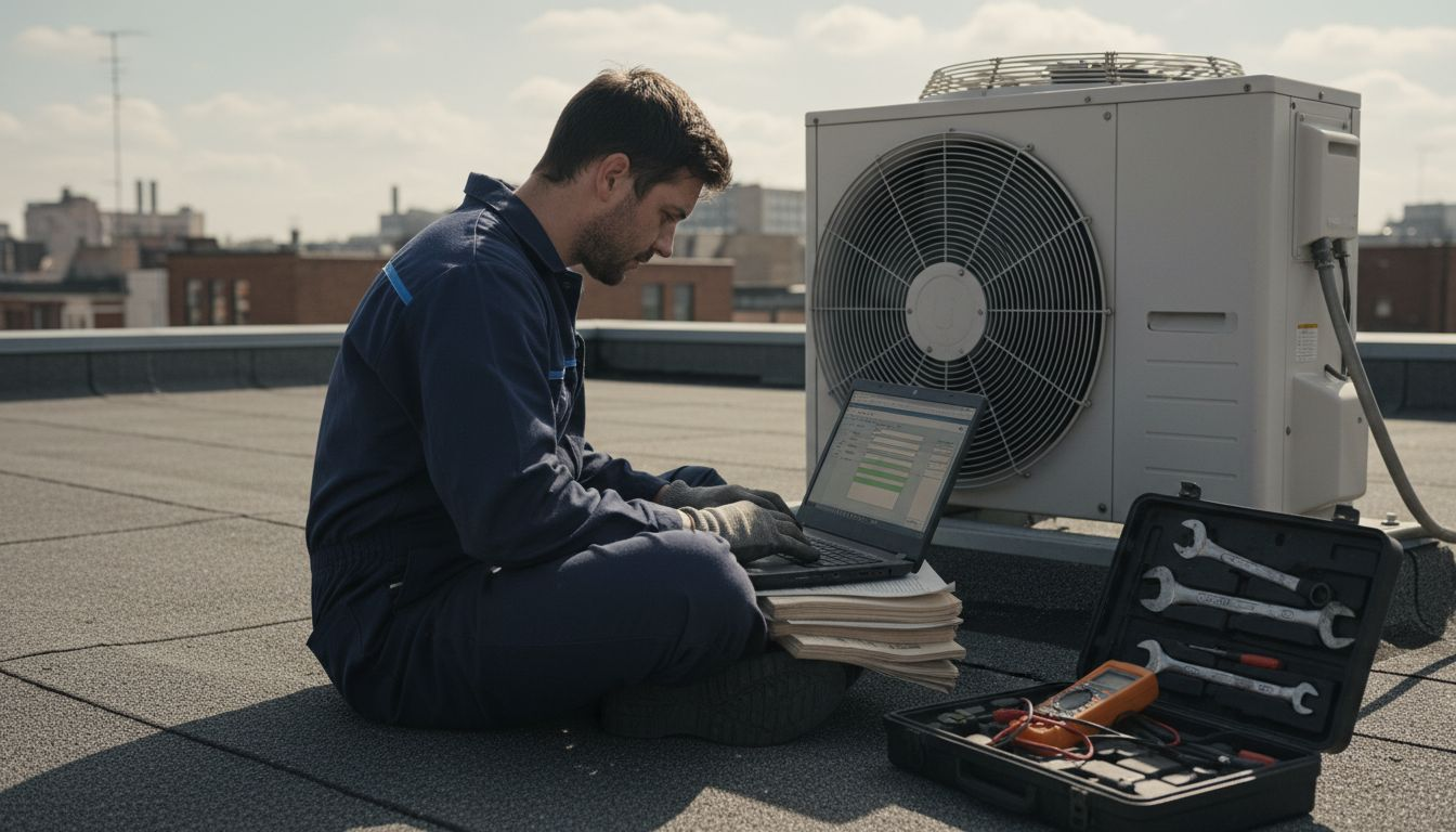 Technician inputs data next to HVAC unit