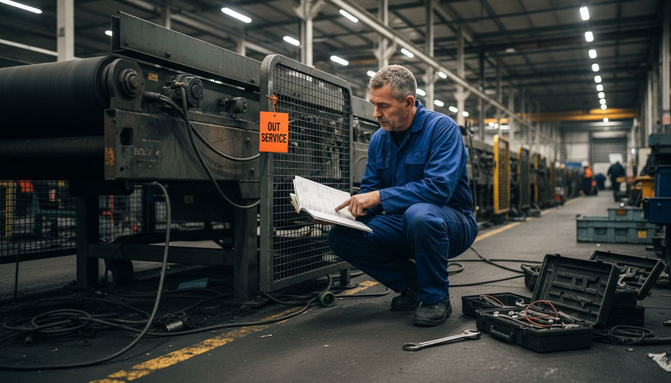 Trabajador reparando la cinta transportadora de una fábrica inactiva