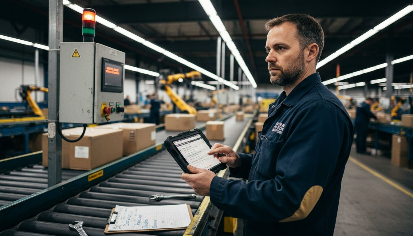Technician using mobile maintenance software in plant