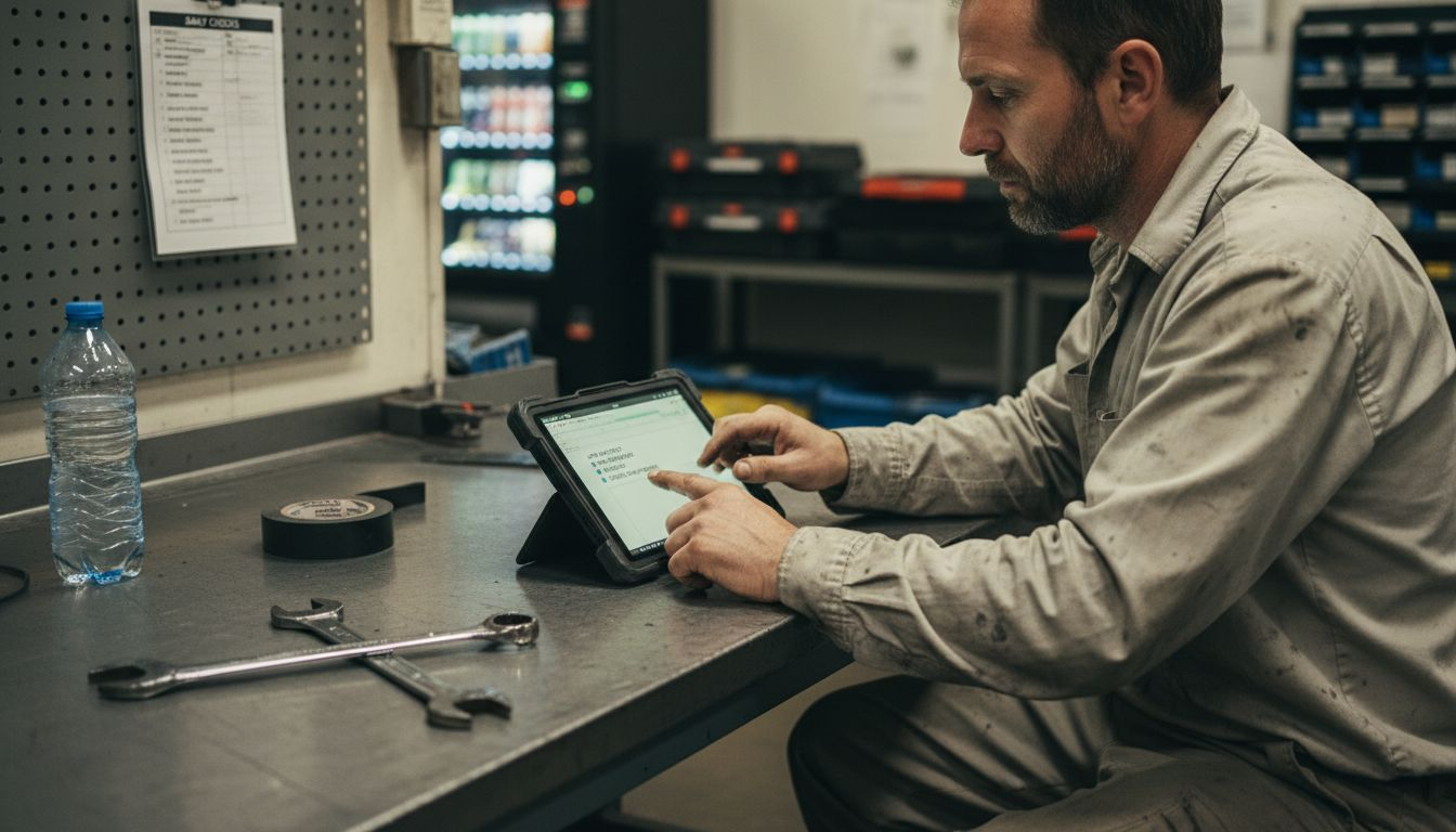 Technician managing maintenance tasks using a SaaS tablet