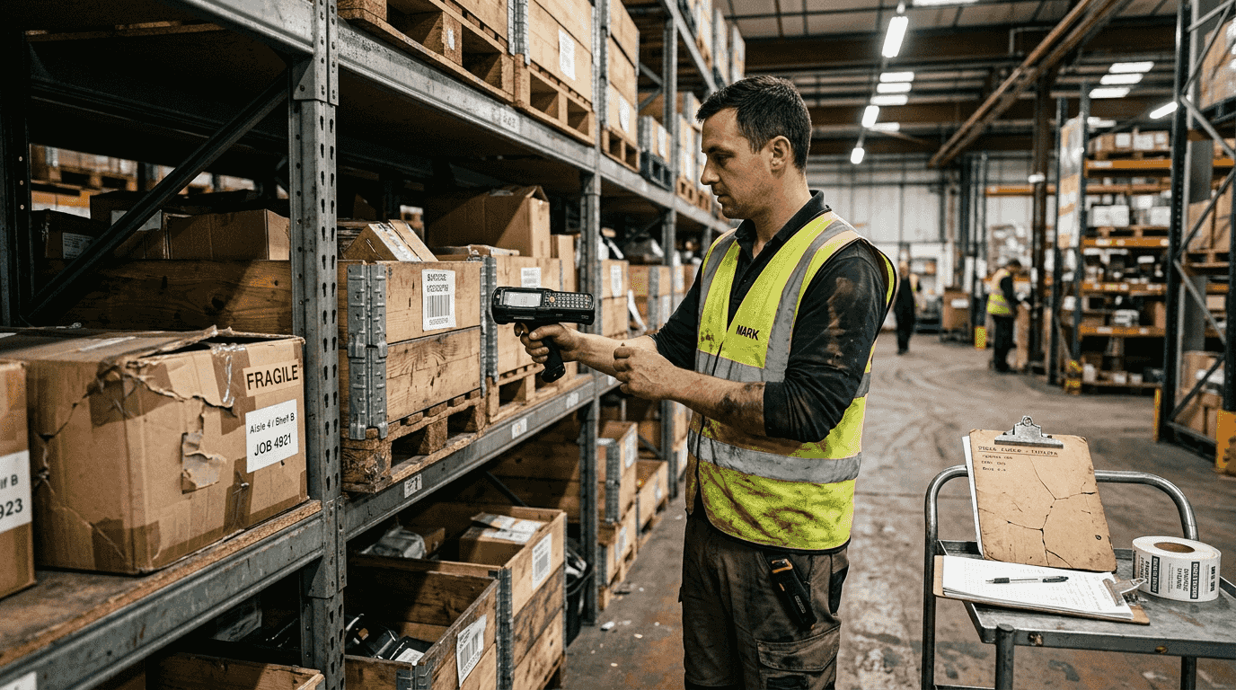 Trabajador de almacén escaneando una etiqueta de código de barras