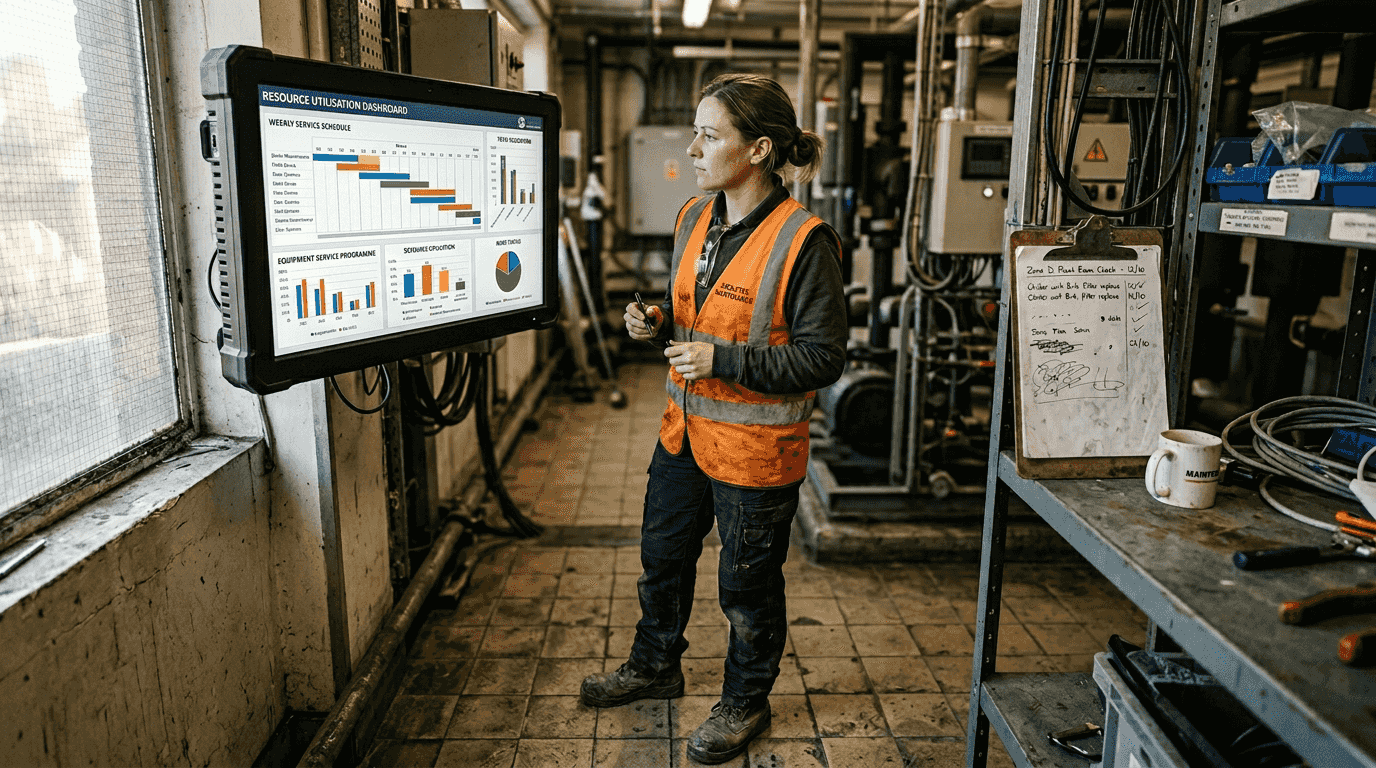 Técnico que analiza el cuadro de mandos de los recursos de mantenimiento