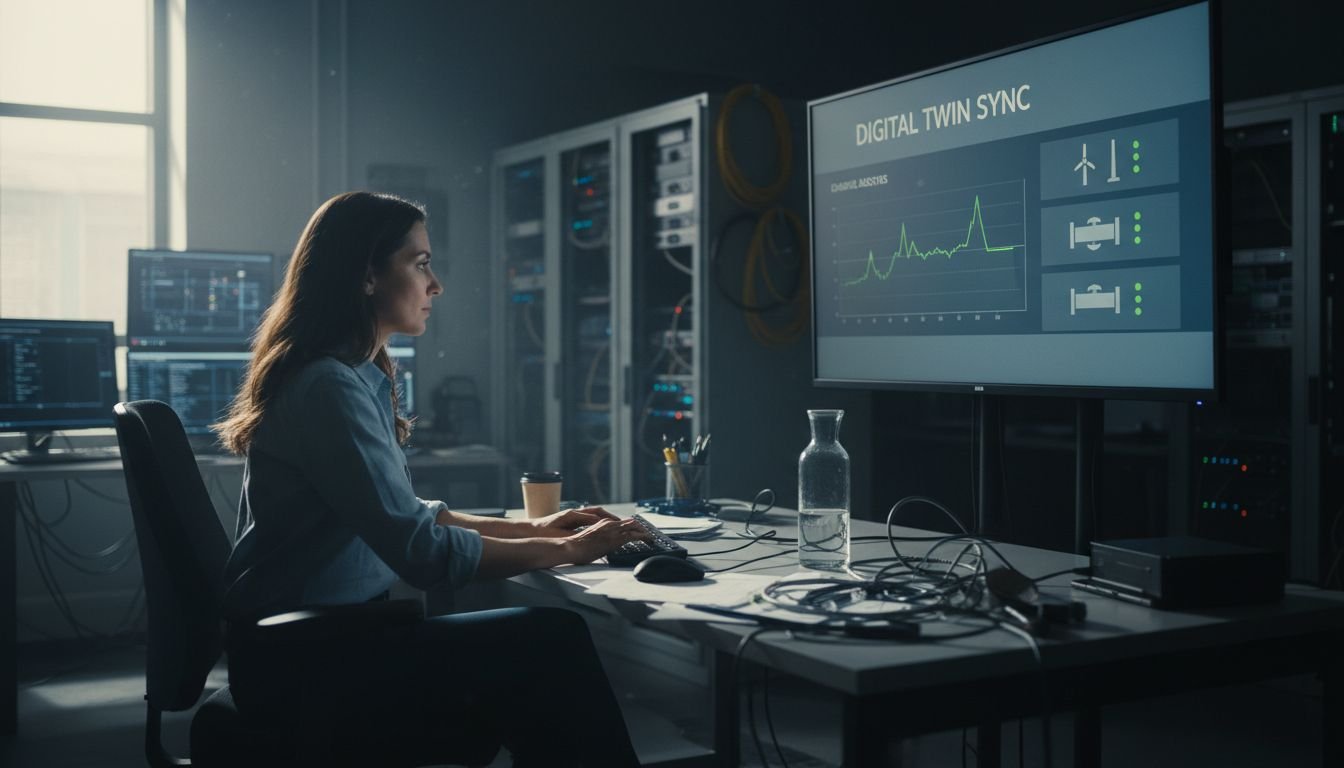Engenheiro a monitorizar o painel de controlo dos gémeos digitais na sala de controlo