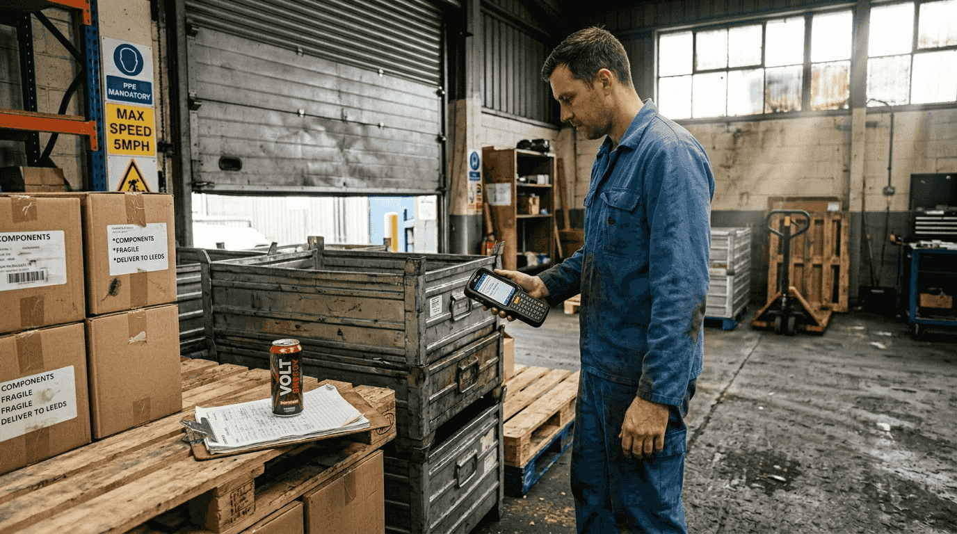 Técnico utilizando un lector RFID cerca de cajas industriales
