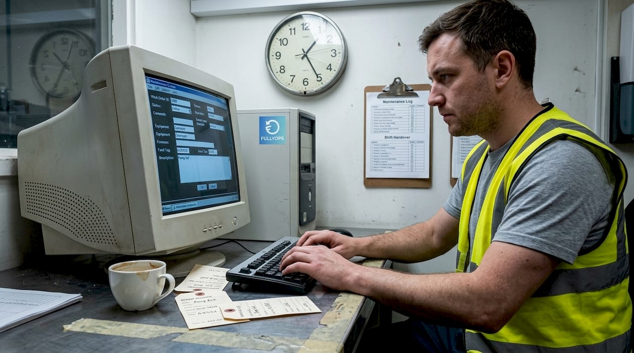 Technician entering maintenance work orders at desk