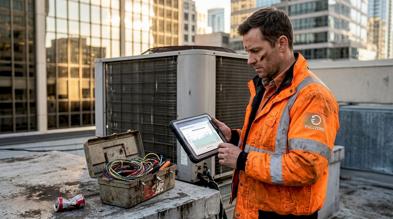 Technician checks predictive maintenance on rooftop