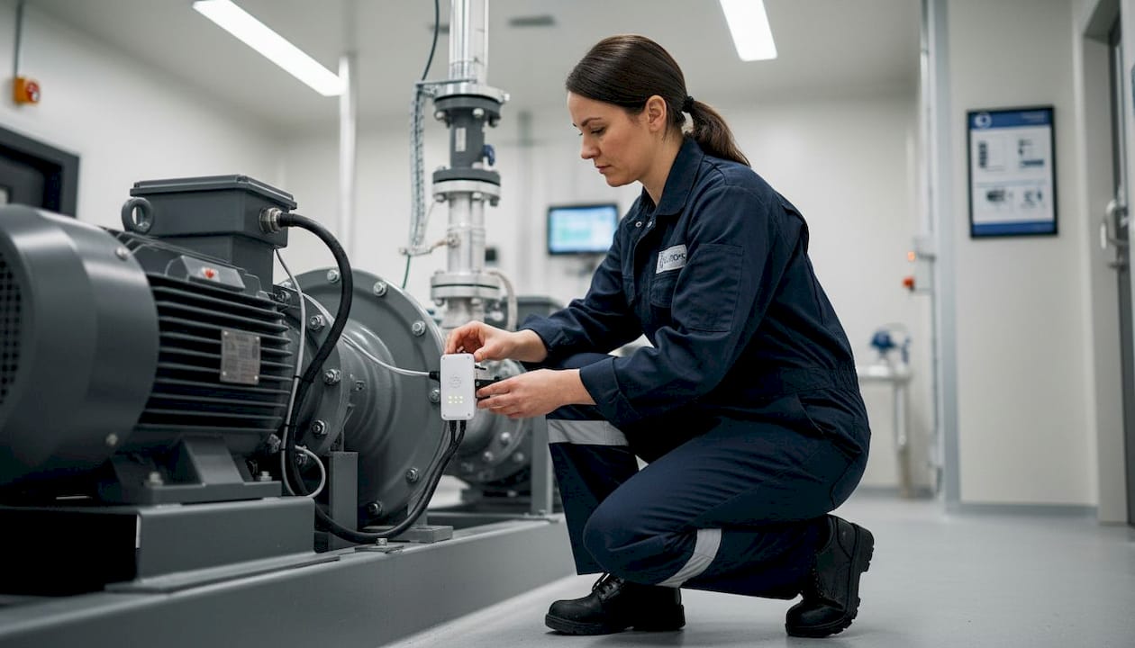 Technician installing IoT sensor on equipment
