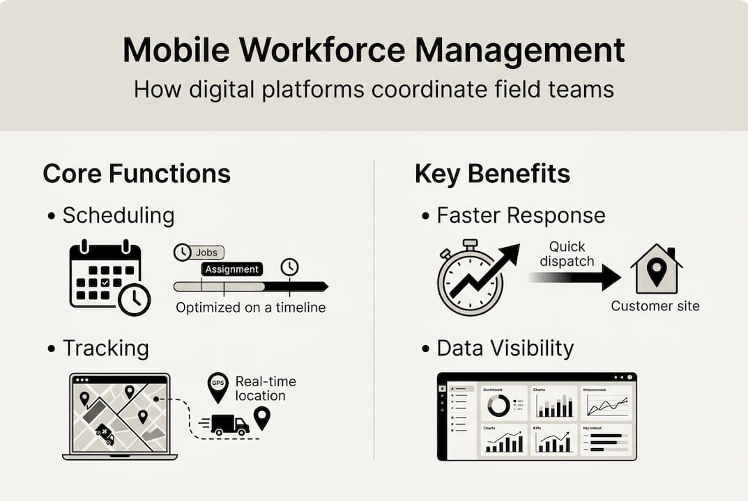 Infographic of mobile workforce management functions and benefits