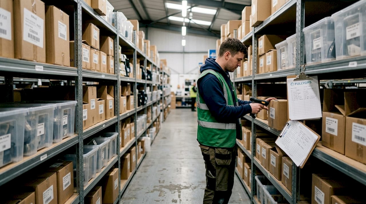 Worker scanning inventory on warehouse shelf