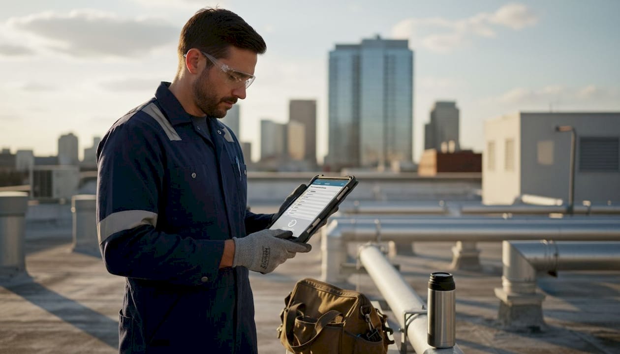 Technician using tablet for HVAC checklist