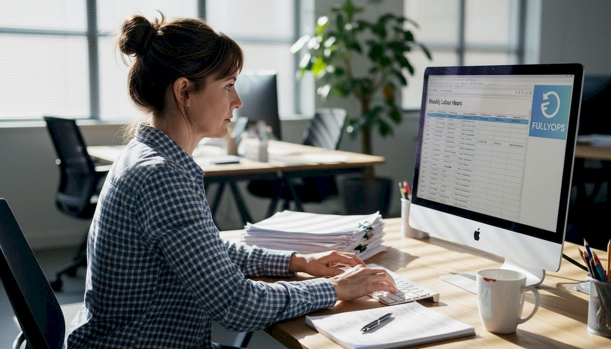 Facility manager logging maintenance hours on computer