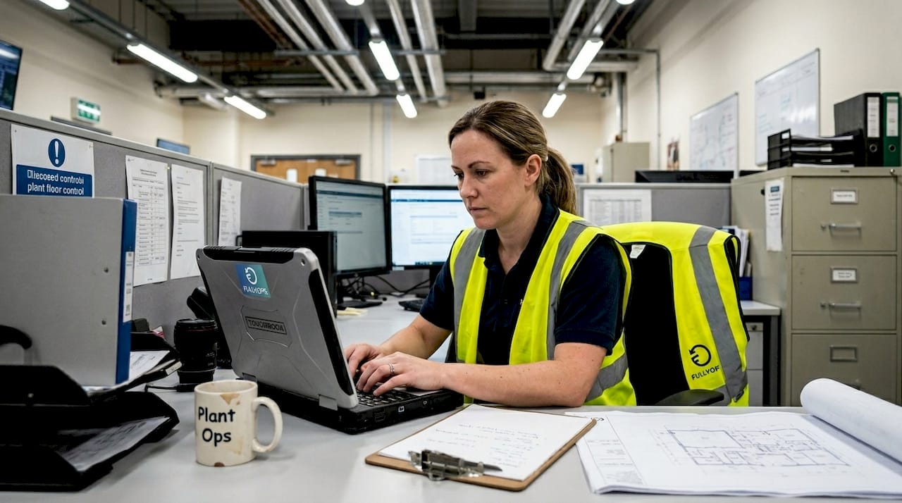 Technician entering data into CMMS system