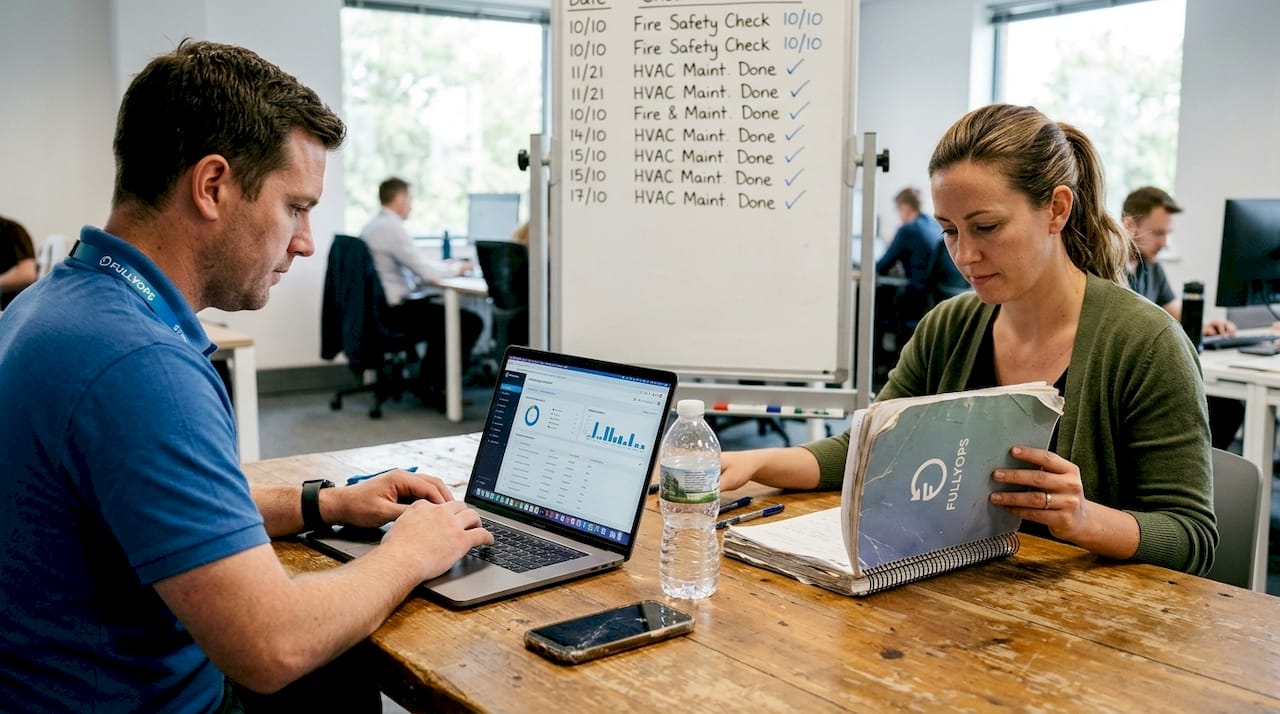 Staff using facility compliance software at table