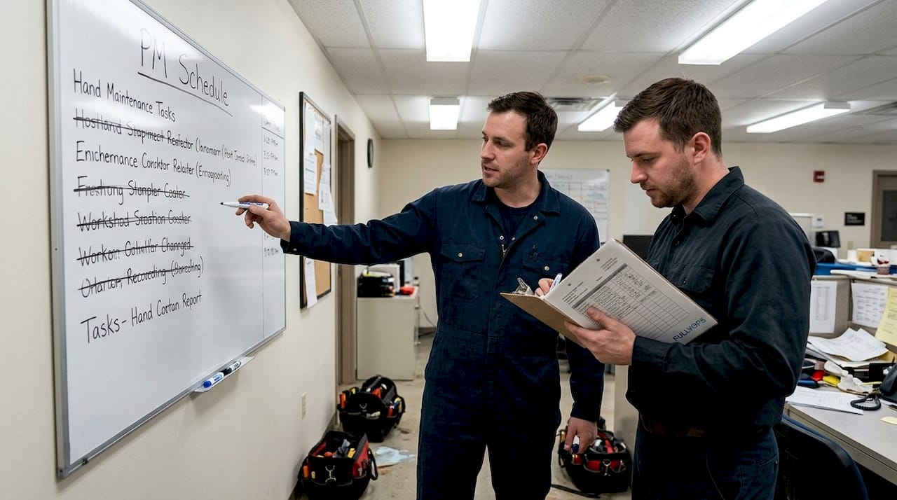 Technicians reviewing maintenance schedule on whiteboard