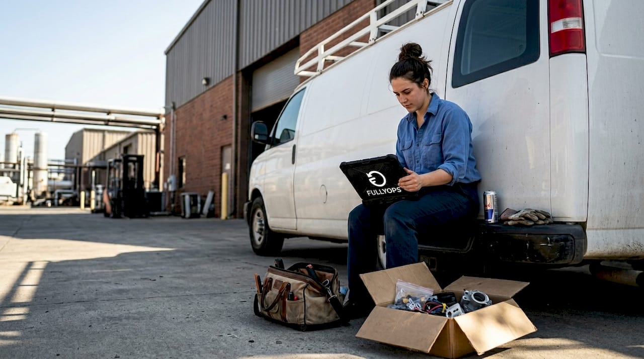Field technician checks digital work order outside