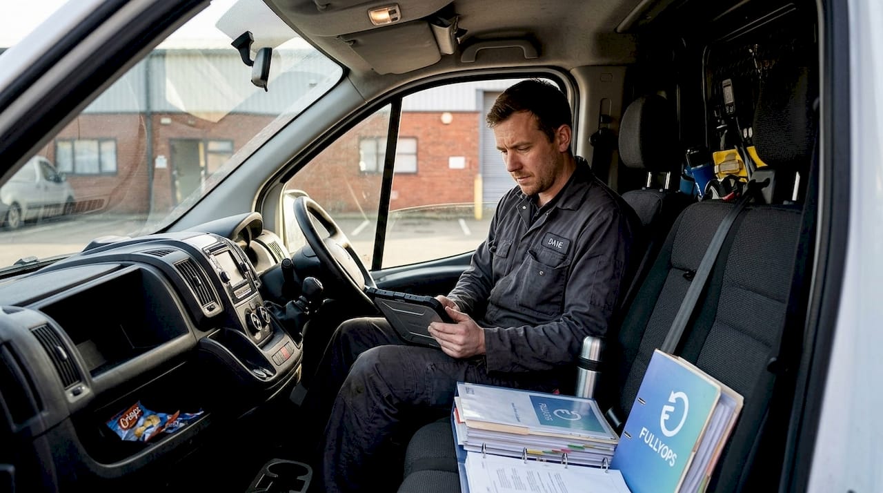 Technician referencing knowledge base in van