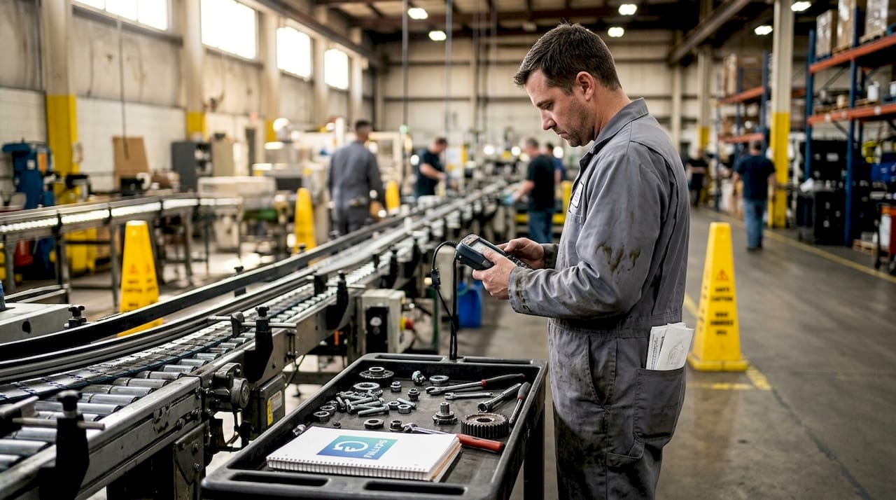 Technician using sensor device on factory floor