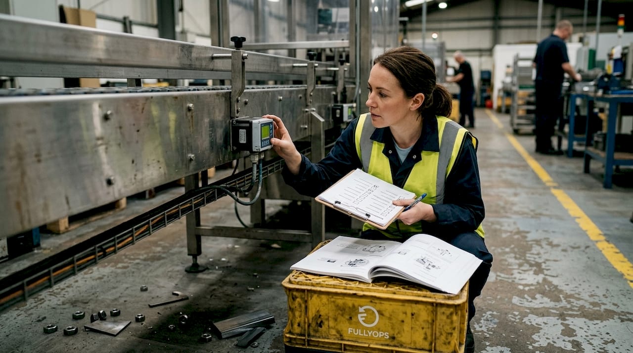 Technician checking digital sensor on conveyor