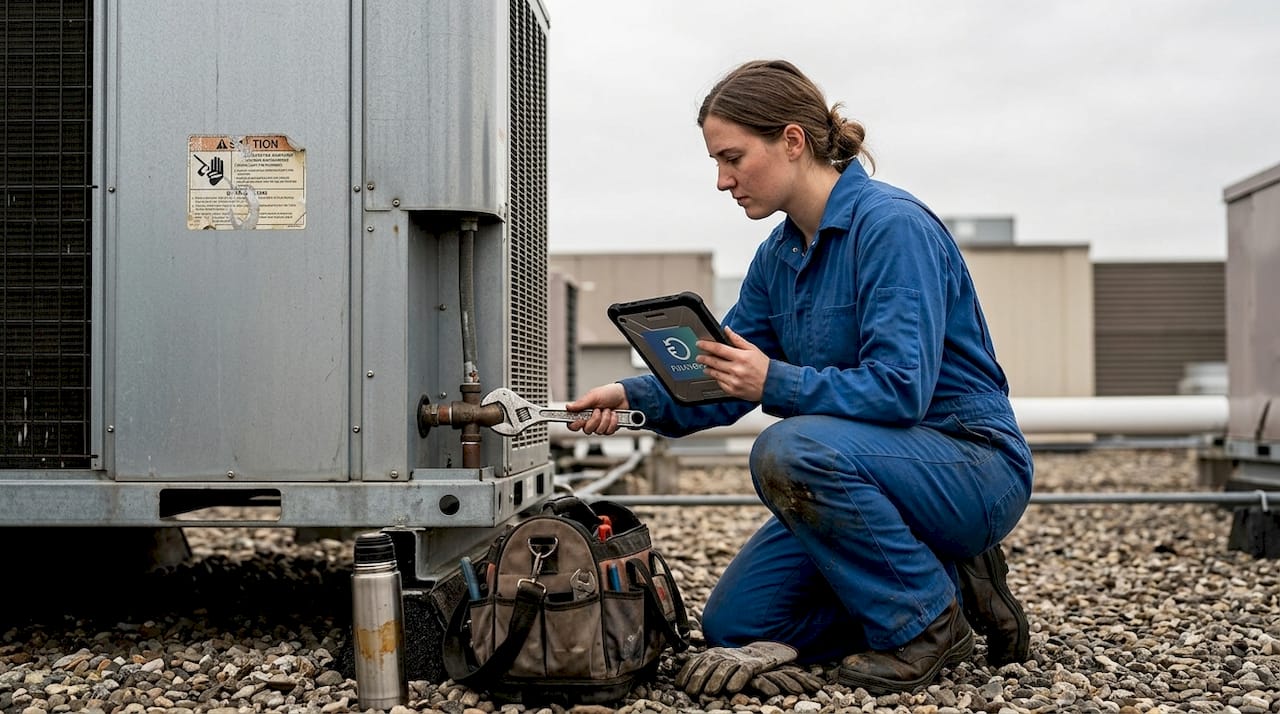 Technician uses rugged tablet for HVAC repair