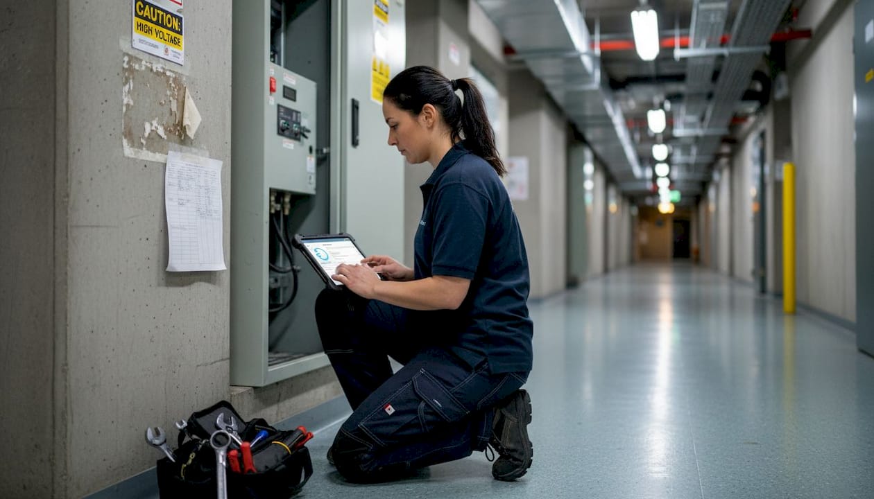 Technician documents HVAC maintenance work on site