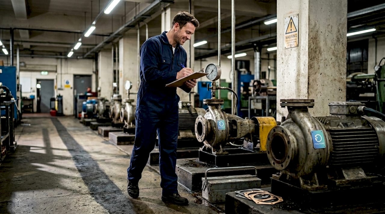 Technician conducting maintenance check on factory floor