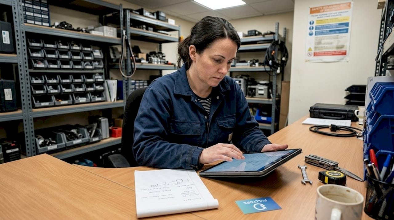 Supervisor reviewing checklist in equipment office