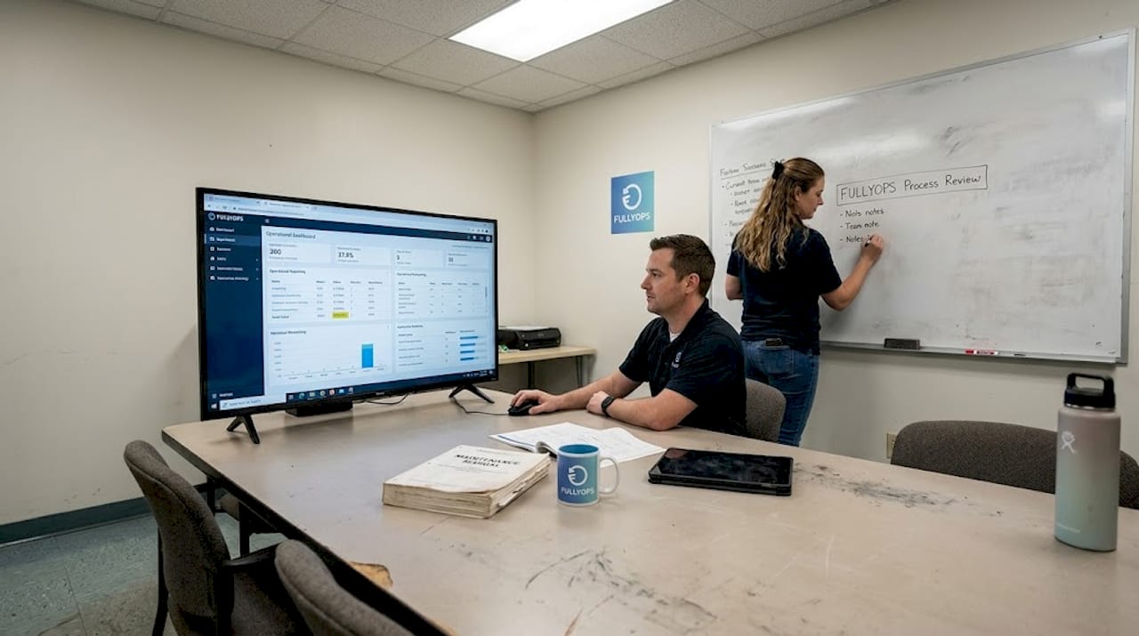 Staff updating facility reporting dashboard together