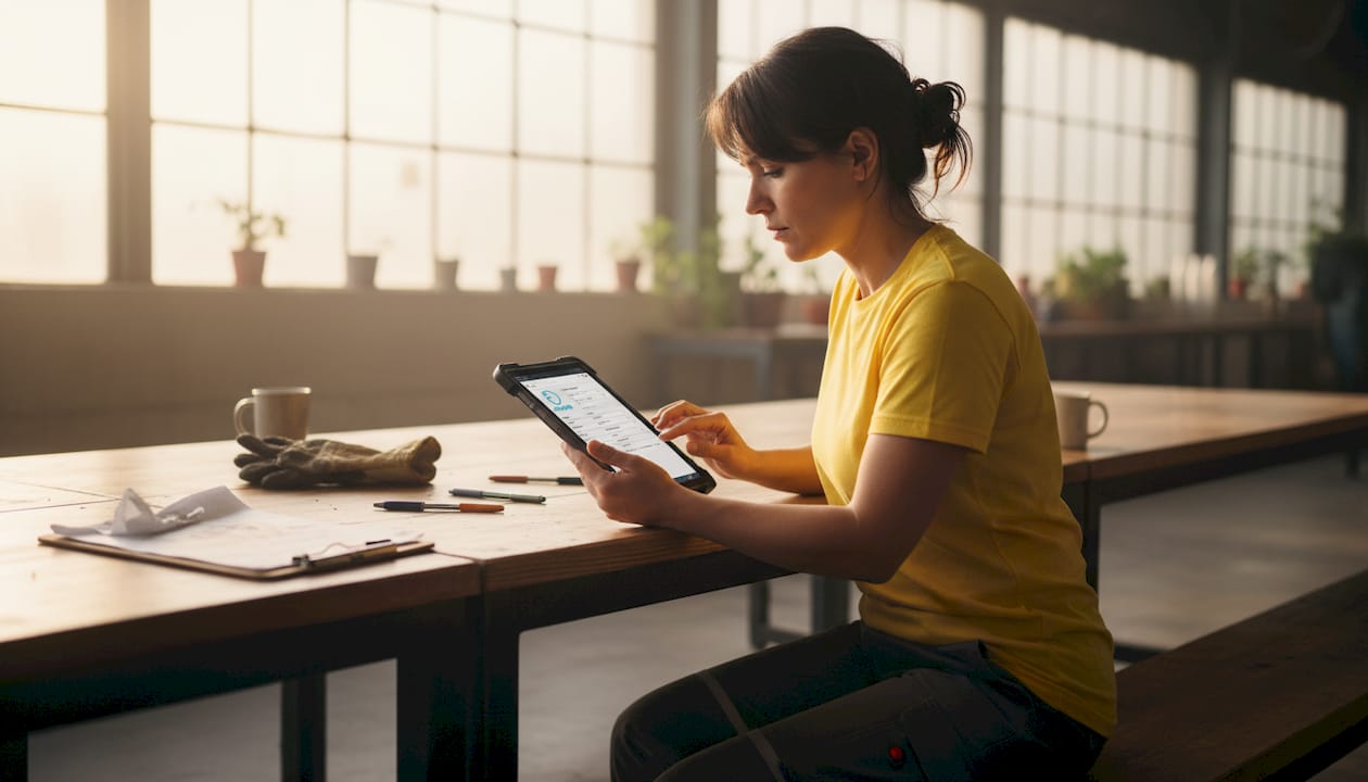 Technician entering maintenance data into tablet