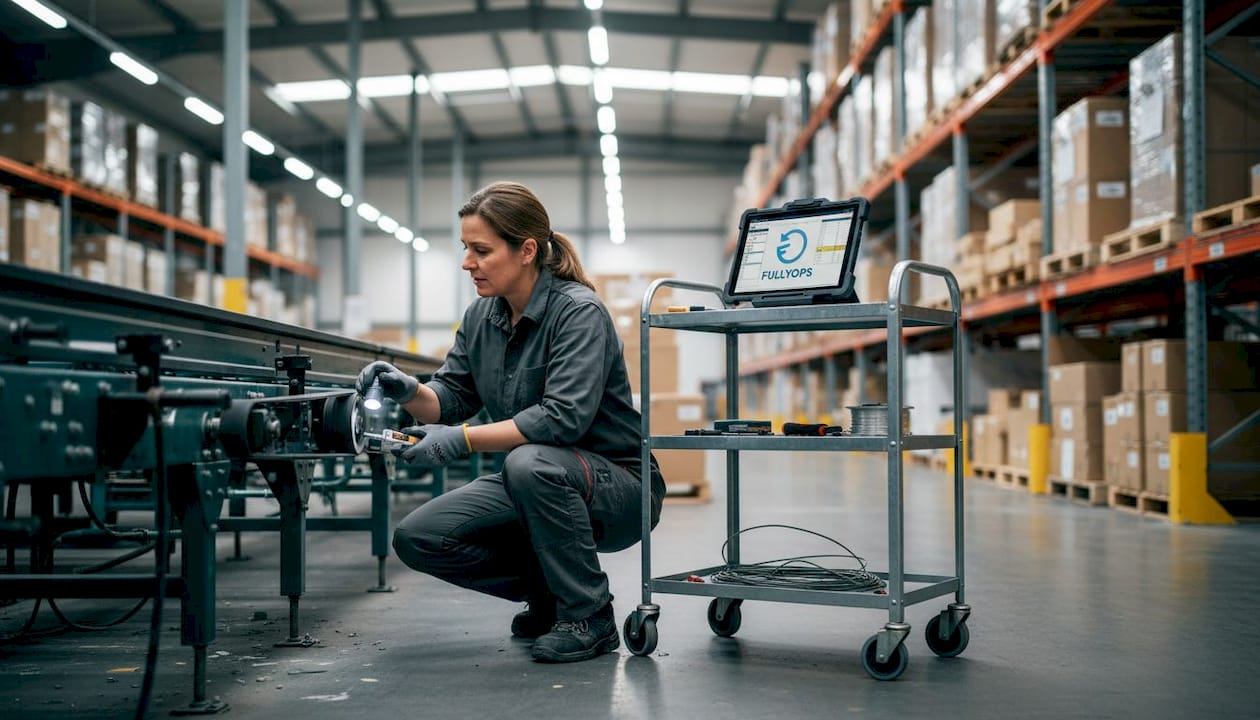 Engineer inspecting motor belt alignment closely