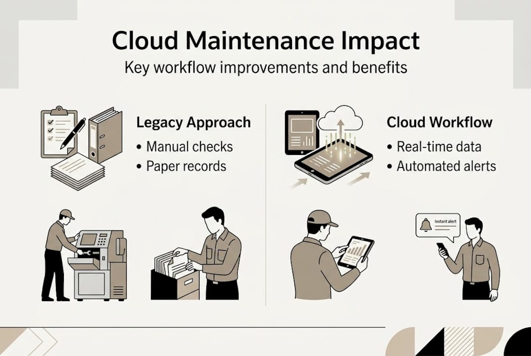 Infographic showing cloud vs legacy maintenance workflows