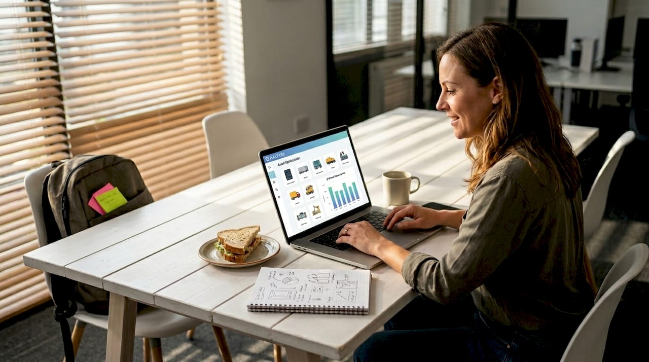 Woman reviewing AI asset report in office