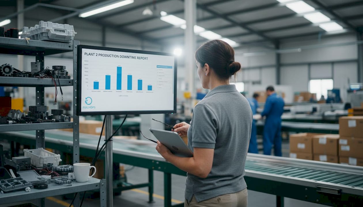 Supervisor reviewing downtime report on production line
