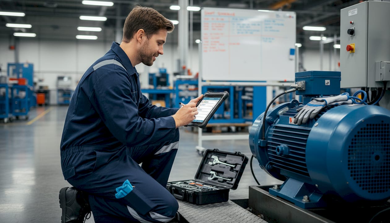 Technician reviewing maintenance checklist onsite