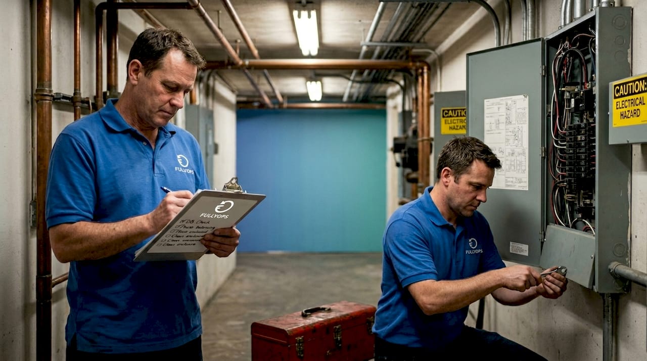 Technicians completing compliance maintenance checklist
