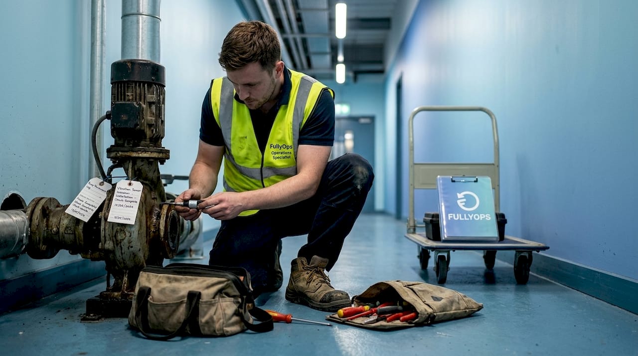Technician installing sensor on industrial pump