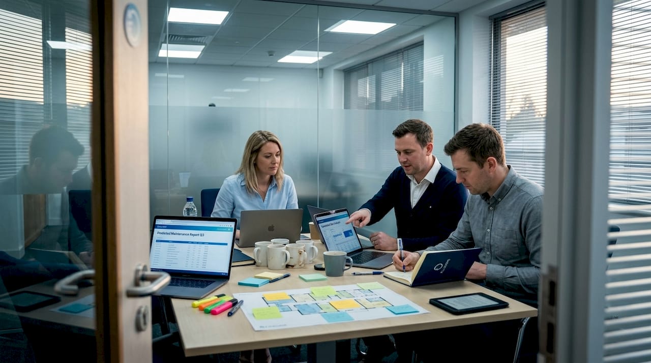 Managers reviewing predictive maintenance reports