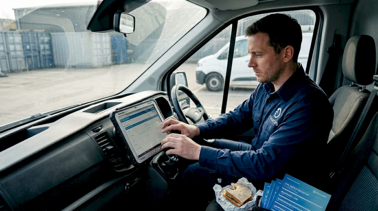 Technician updating maintenance records in van