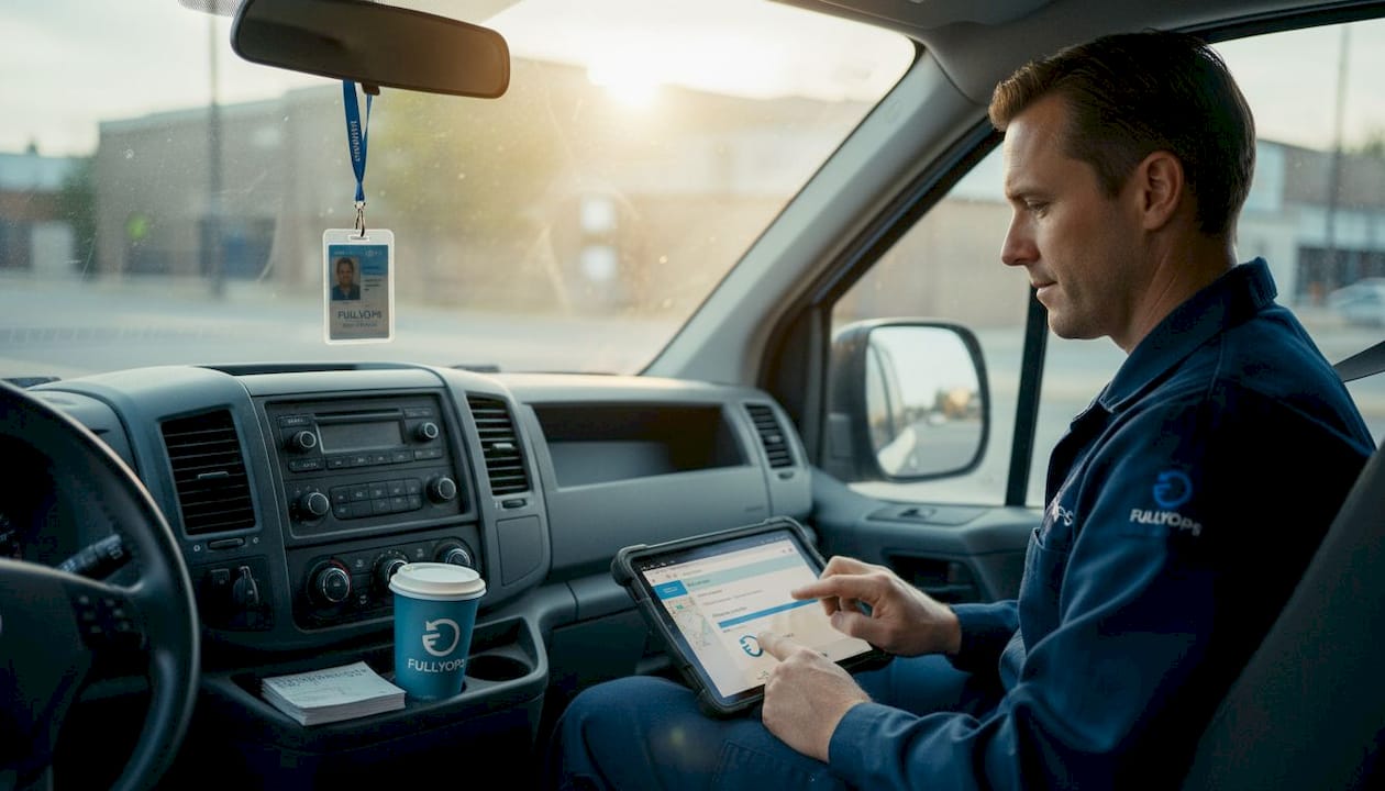 Technician updating digital work order in van