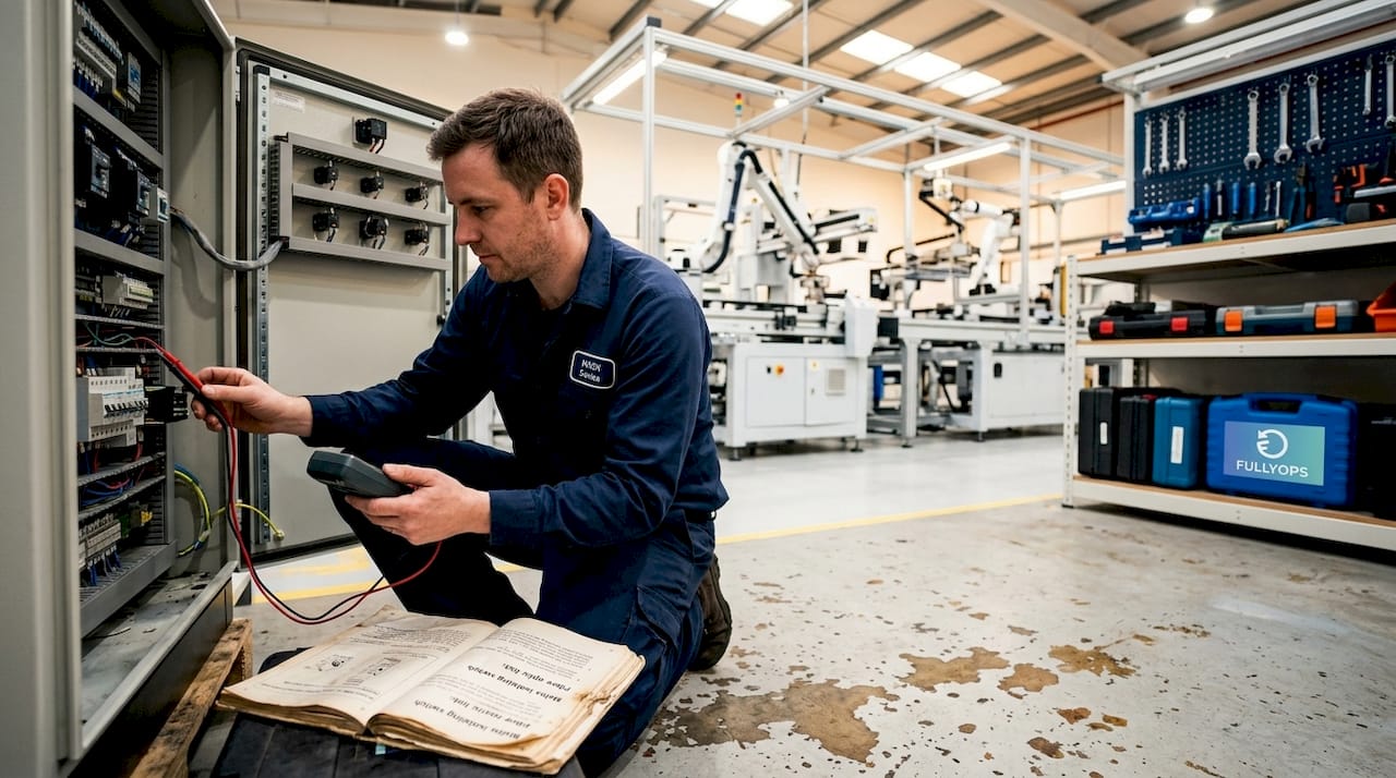 Technician repairing assembly line panel