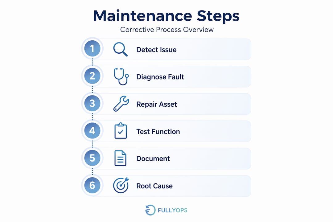 Infographic showing six corrective maintenance steps