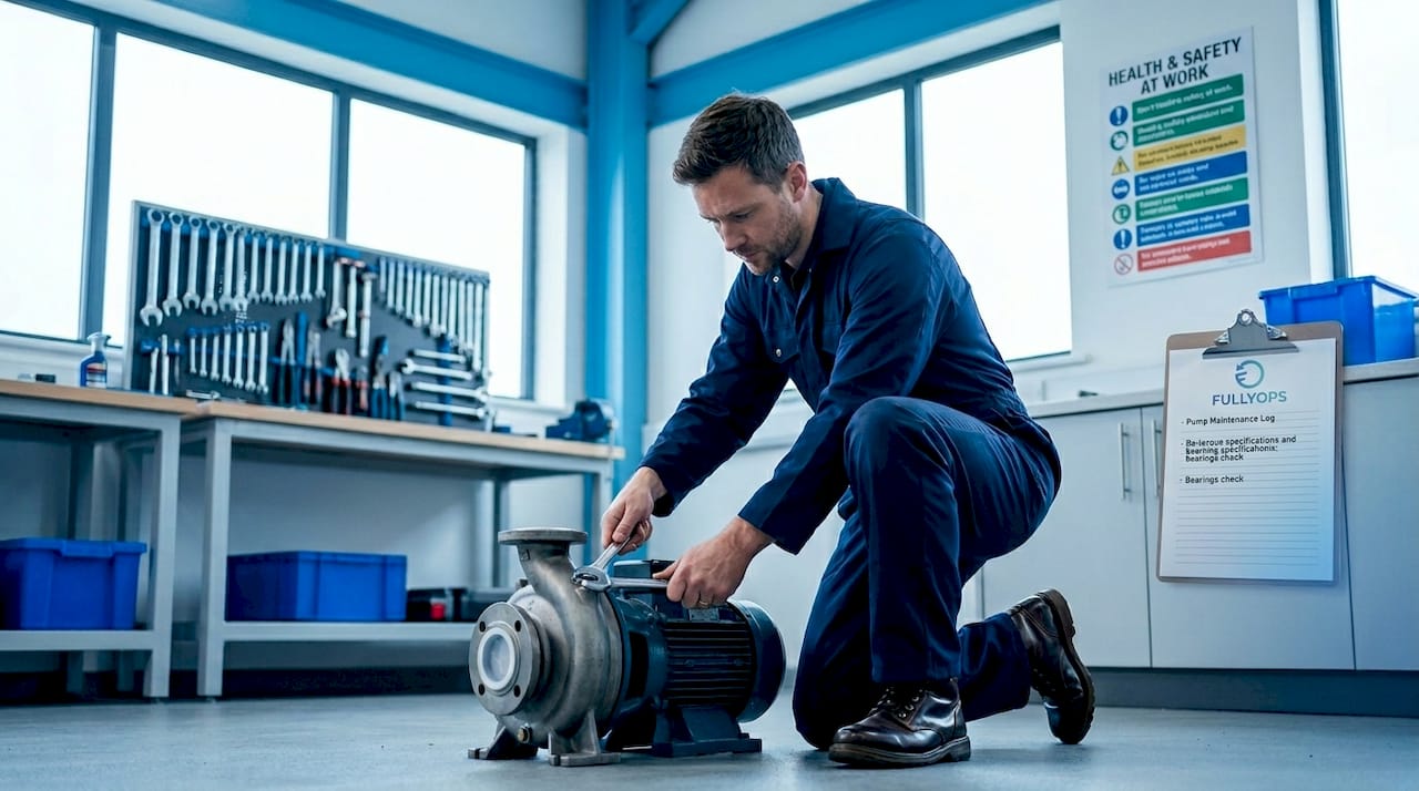 Technician repairing pump in workshop